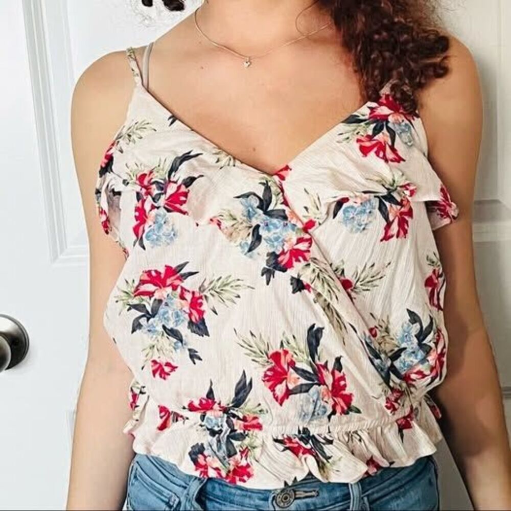 Hollister Floral Cinched Waist Spaghetti Strap Womens Flutter V-Neck Top Small